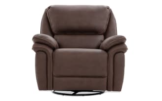 Brown leather recliner chair with padded armrests and cushioned backrest, featuring detailed stitching and a swivel base for comfort and style.