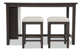 Encore 5 Piece Brown & Beige Upholstered Counter Height Kitchen Island Set with MDF, acacia veneers, and beige polyester fabric stools, contemporary style.
