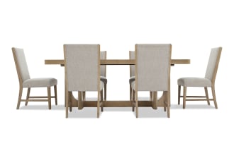 Dining set with a rectangular wooden table and six beige upholstered chairs featuring wooden legs and high backs, suitable for modern dining rooms.