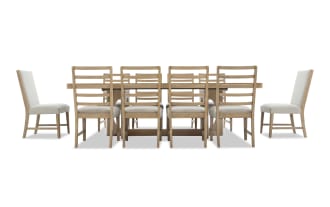 Dining set with a large rectangular wooden table and ten beige upholstered chairs featuring wooden ladder-back frames, ideal for spacious dining rooms.
