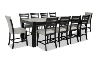 Aurora 11 Piece Gray & Black Upholstered Extendable Storage Counter Height Dining Set with polyester fabric seats, MDF and rubberwood frame, transitional style, and lift-top storage compartments.