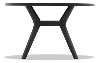 Round black wooden dining table with angled legs and a sturdy crossbar support, modern minimalist style for home or office.