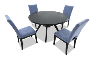 Dining set with a black rectangular table and four upholstered chairs in blue fabric, featuring wooden legs and a modern design.
