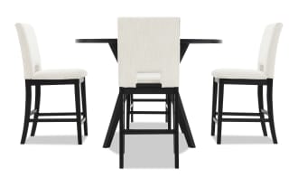 Dining set with a black rectangular table and four cushioned chairs featuring beige fabric upholstery and black wooden legs, modern style.