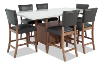 Elm 7 Piece Natural, Marble & Gray Faux Leather Storage Counter Height Dining Set with marble tabletop, gray faux leather seats, and natural wood base.