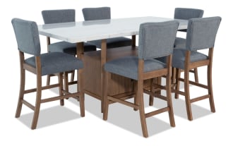 Elm 7 Piece Natural Marble & Light Gray Upholstered Storage Counter Height Dining Set with plush fabric seats, marble top, and wood base in transitional style