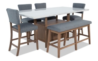 Transitional Elm 6-piece counter height dining set with light gray polyester upholstery, marble tabletop, wood base, storage cabinet, and memory foam bench seating.