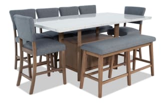 Elm 8 Piece Natural marble and light gray upholstered counter height dining set with bench, plush polyester fabric, transitional style, MDF frame, storage feature.