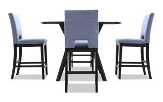 Dining set with a black wooden table and four blue upholstered chairs featuring cushioned seats and backs, modern design.