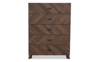 Five-drawer wooden chest with dark brown herringbone pattern finish, black oval handles, and angled legs, suitable for bedroom storage.