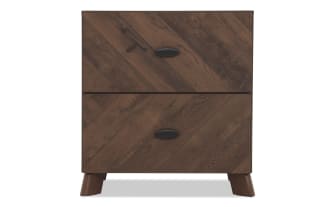 Two-drawer wooden nightstand with dark brown finish, diagonal wood grain pattern, black oval handles, and angled legs, suitable for bedroom storage.