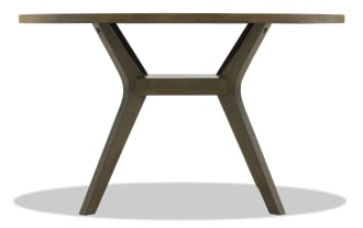 Round wooden dining table with dark brown finish, angled legs, and a sturdy crossbar support, suitable for modern or rustic interiors.