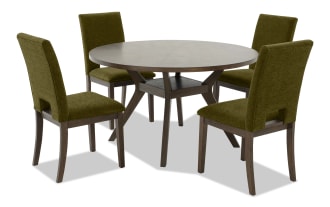 Round wooden dining table set with dark brown finish and four olive green upholstered chairs, featuring padded seats and backs, suitable for modern dining rooms.