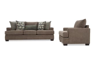 Brown fabric sofa with three seat cushions and five decorative pillows, featuring a modern design with clean lines and dark wooden legs, shown from front and side views.