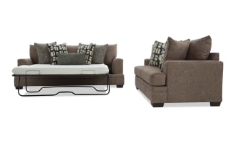 Brown fabric sofa bed with geometric and textured throw pillows, featuring a pull-out metal frame mattress for versatile seating and sleeping.