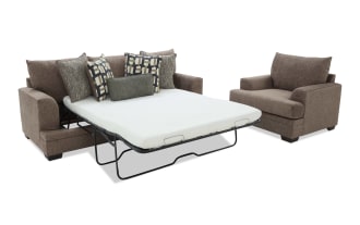 Savannah Cocoa 93" transitional sleeper sofa and chair set in brown polyester fabric, featuring Bob-O-Pedic® memory foam cushions and gel mattress for comfort.