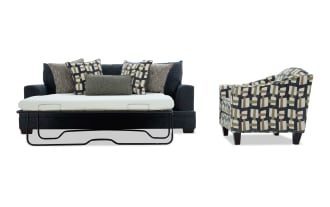 Dark blue fabric sofa bed with black metal frame mattress support and five decorative cushions, paired with a patterned armchair in beige, green, and black geometric design.