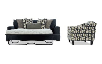 Dark blue fabric sofa bed with metal frame pull-out mattress, accompanied by a patterned armchair with geometric beige, brown, and green upholstery.