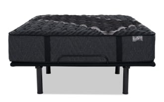 Power Bob Essential Base with Lush 13'' Queen Extra Firm Mattress in dark gray with quilted top, cooling cover, and firm support layers, from Lush collection.