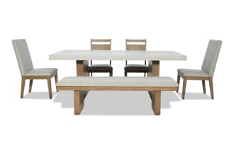 Monterey 6 Piece Natural & Gray Upholstered Dining Set with Bench, traditional style, gray polyester fabric, faux concrete melamine table top, rubberwood frame