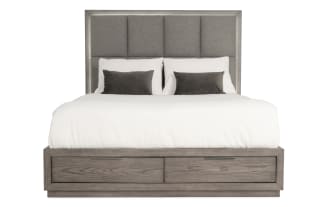 Loft Queen Gray Upholstered Storage Platform Bed in gray polyester fabric with MDF frame, featuring contemporary style, padded headboard, LED lighting, and built-in storage drawers.
