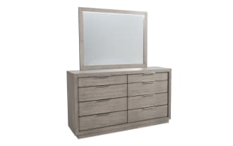 Contemporary Loft Gray 8 Drawer Dresser & Mirror in MDF with beveled mirror, touch LED lighting, felt-lined top drawers, and cedar-lined bottom drawers.