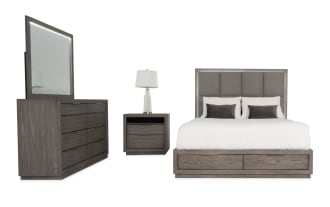 Loft 4 Piece Queen Gray Upholstered Storage Platform Bedroom Set with contemporary gray MDF frame, polyester fabric headboard, cedar-lined drawers, LED lighting, and USB ports.