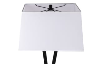Modern floor lamp with a black metal twisted base and rectangular white fabric shade, ideal for living room or office lighting.