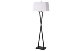 Modern floor lamp with a black metal twisted base and rectangular white fabric shade, ideal for living room or office lighting.