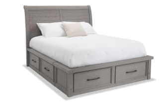 Hudson Full Gray Storage Platform Bed from Hudson Bedroom collection, transitional style with gray rubberwood and pine solids, paneled sleigh headboard, and two front storage drawers with pewter hardware.