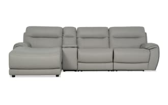 Illusion Gray Leather 122" power reclining 4-piece sectional with left arm chaise, armless chair, power headrest, USB ports, and cupholders.