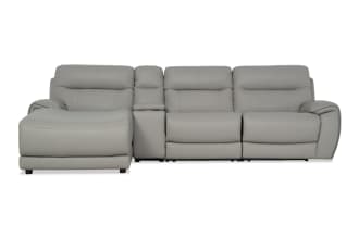 Illusion Gray Leather 122" power reclining sectional with left arm chaise, armless power recliner, power headrests, USB ports, cupholders.