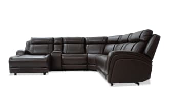 Tracker Brown Leather 121'' power reclining 6-piece sectional with left arm chaise, power headrest, USB ports, and drop-down table in contemporary style.