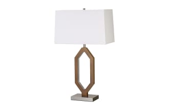 Modern table lamp with a rectangular white fabric shade, geometric wooden open-frame base, and brushed metal rectangular stand.