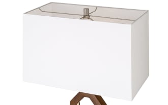 Modern floor lamp with a rectangular white fabric shade, wooden geometric open-frame body, and a metal base, ideal for living room lighting.