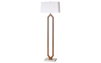 Modern floor lamp with a rectangular white fabric shade, wooden geometric open-frame body, and a metal base, ideal for living room lighting.