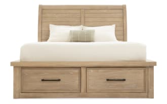 Hudson 4 Piece California King Natural Storage Platform Bedroom Set with rubberwood, pine, mango veneers. Transitional style sleigh bed with six storage drawers, matching dresser with pewter hardware, and nightstand with lamp. Natural wood finish from Hudson Bedroom collection.