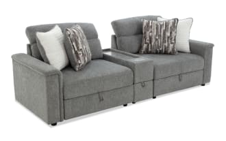 Pulse Gray 100'' 3-piece modular console loveseat in gray polyester fabric with transitional style, memory foam cushions, LED lighting, wireless charging, and built-in Bluetooth speakers for immersive audio and customizable comfort.