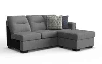 Dylan Slate right arm facing sleeper sofa and chaise kit in gray polyester fabric with memory foam cushions, transitional style.