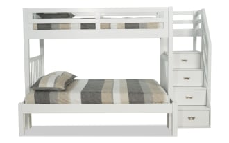 Chadwick Twin/Full White Stairway Bunk Bed with 2 Mattresses