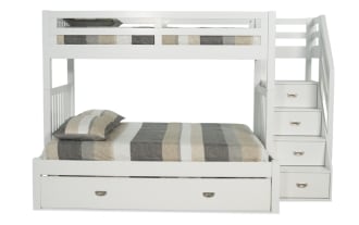 Chadwick Twin/Full White Stairway Bunk Bed with 2 Mattresses & Twin Trundle
