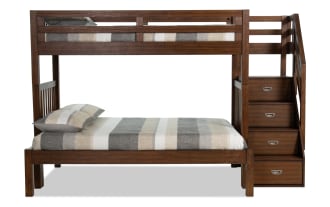 Chadwick Twin/Full brown stairway bunk bed in pine solids with transitional style, featuring built-in storage stairs and two memory foam mattresses.