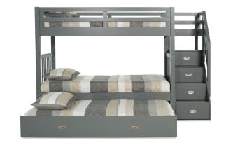 Chadwick Twin/Twin Gray Stairway Bunk Bed with 2 Memory Foam Mattresses & Twin Trundle