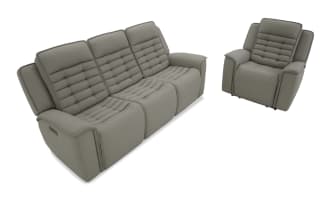 Gray leather three-seater reclining sofa and matching recliner chair with padded, tufted backrests and cushioned armrests, modern style.