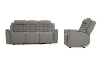 Gray leather three-seater reclining sofa and matching recliner chair with padded, tufted backrests and cushioned armrests, modern style.