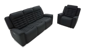 Black leather reclining sofa with three cushioned seats and padded armrests, shown from front and side views, highlighting comfort and modern design.