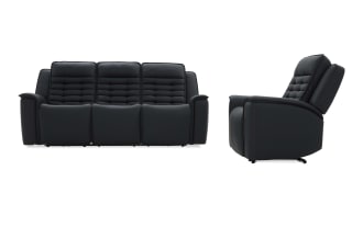 Black leather reclining sofa with three cushioned seats and padded armrests, shown from front and side views, highlighting comfort and modern design.