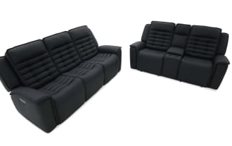 Black leather reclining sofa with three seats, padded backrests, and armrests, shown from front and side angles, highlighting comfort and modern design.