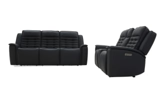 Black leather reclining sofa with three seats, padded backrests, and armrests, shown from front and side angles, highlighting comfort and modern design.