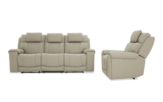 Beige leather reclining sofa and armchair set with padded armrests and headrests, designed for living room comfort and style.